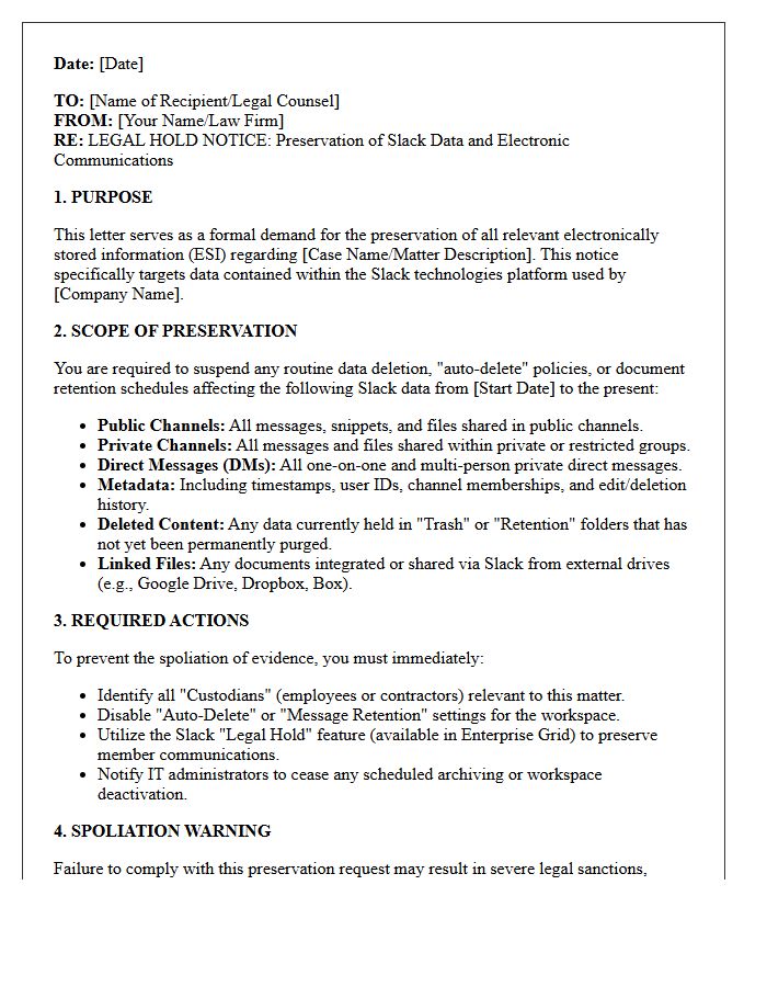 Slack Spoliation Warning and Data Preservation Letter