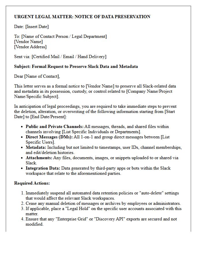 Third-Party Vendor Slack Data Preservation Letter