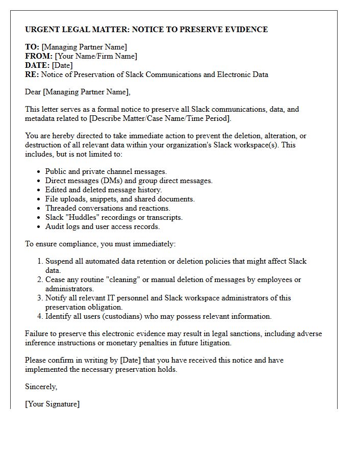 Managing Partner Slack Communication Preservation Letter