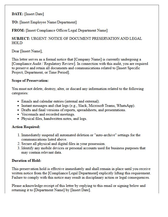 Compliance Audit Workplace Communication Preservation Letter
