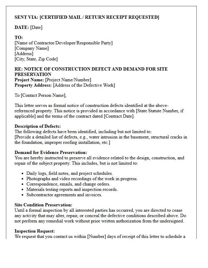 Initial Notice Of Construction Defect Site Preservation Letter