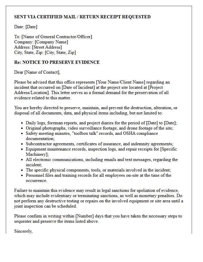 General Contractor Spoliation And Preservation Letter