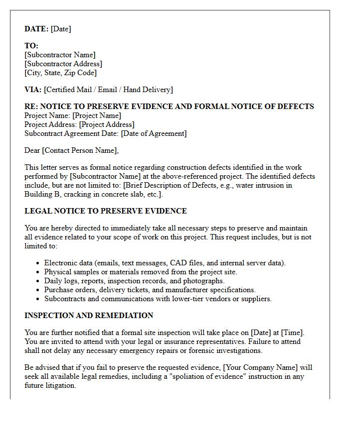 Subcontractor Defect Evidence Preservation Letter