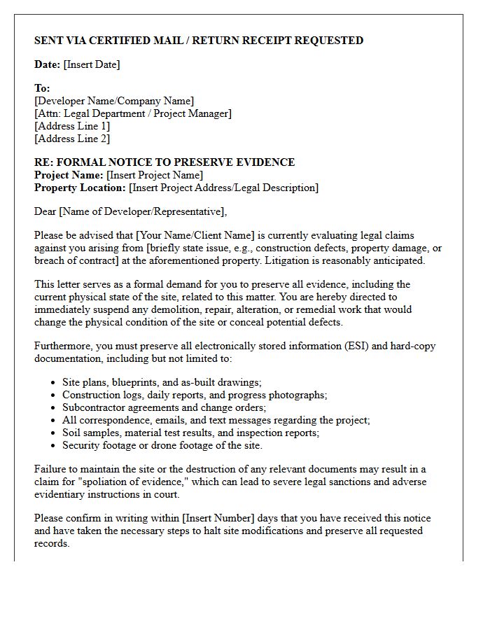 Developer Pre-Litigation Site Preservation Letter