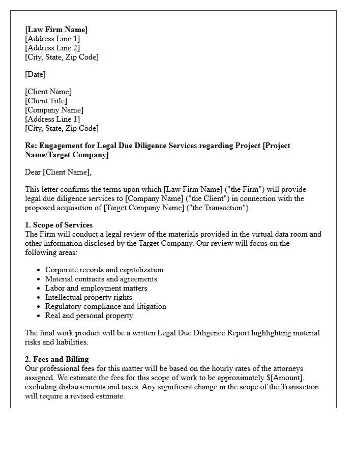 Mergers and Acquisitions Legal Due Diligence Engagement Letter