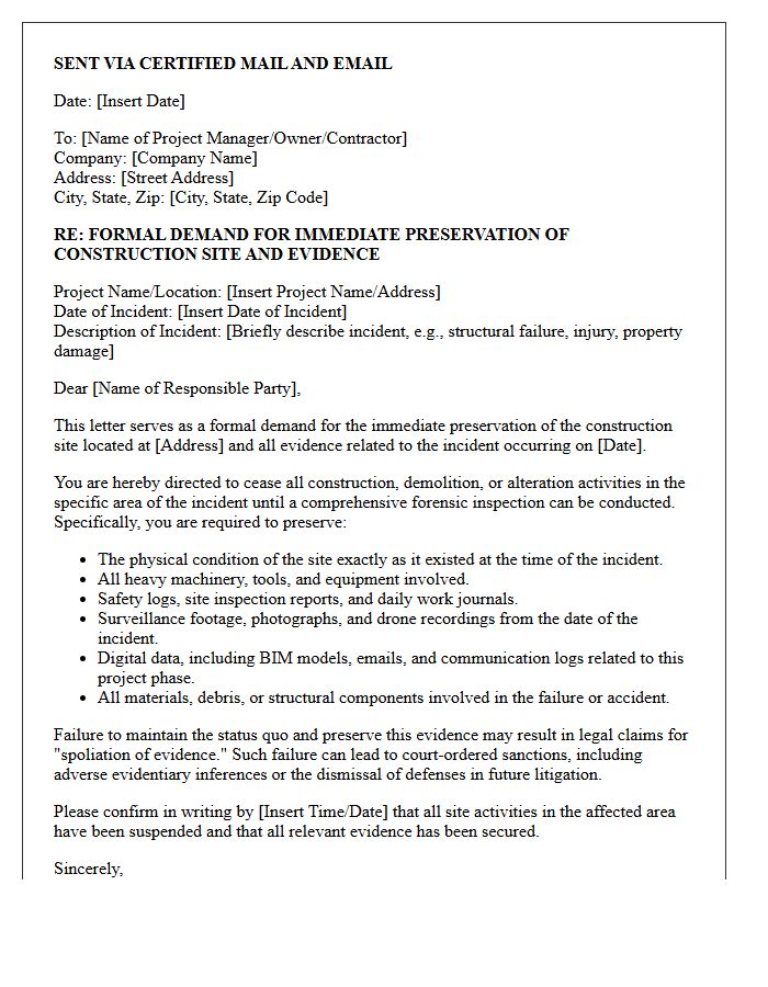 Demand For Immediate Construction Site Preservation Letter