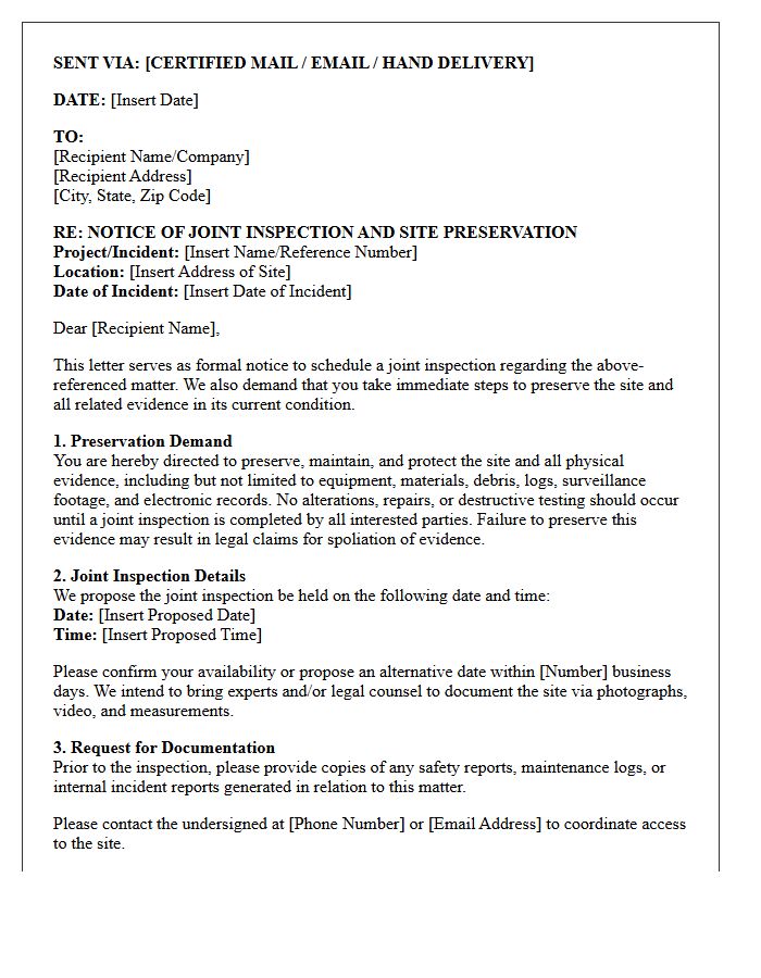 Joint Inspection Notice And Site Preservation Letter