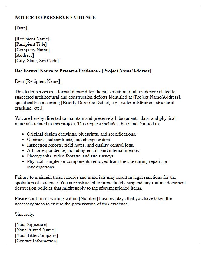 Architectural Defect Evidence Preservation Letter