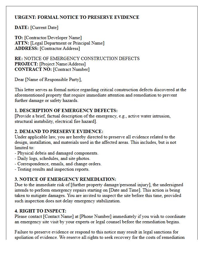 Emergency Construction Defect Site Preservation Letter