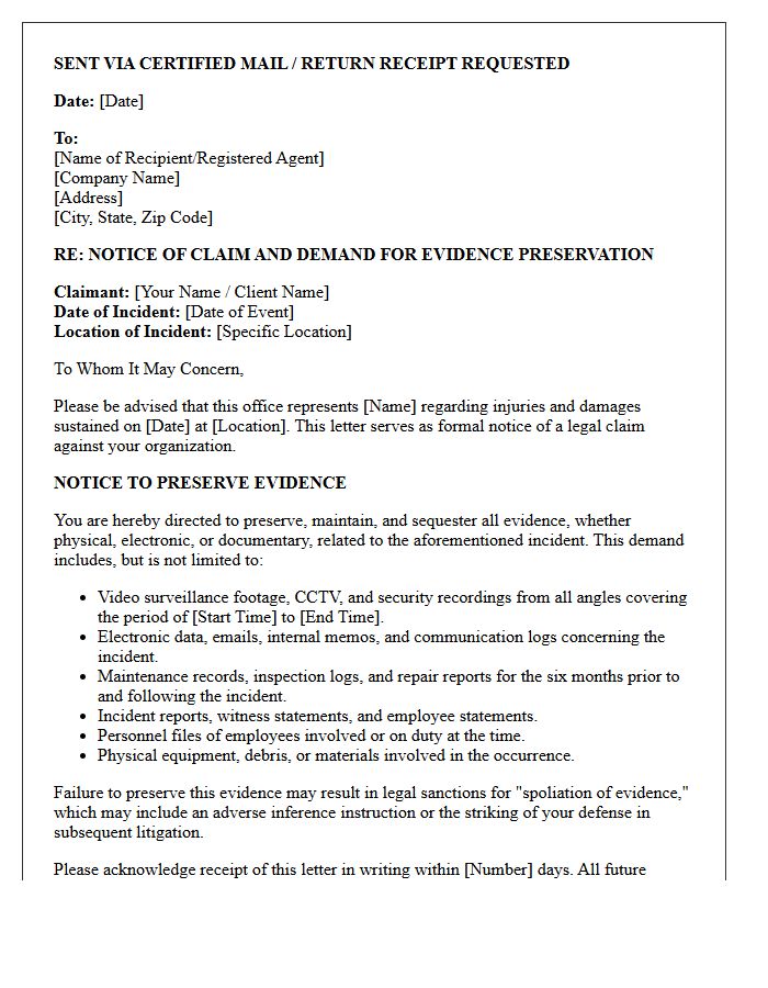 Notice Of Claim And Evidence Preservation Letter
