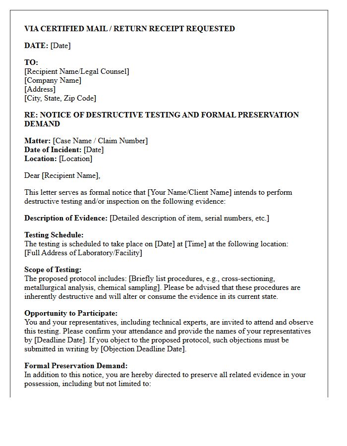 Destructive Testing Notice And Preservation Letter