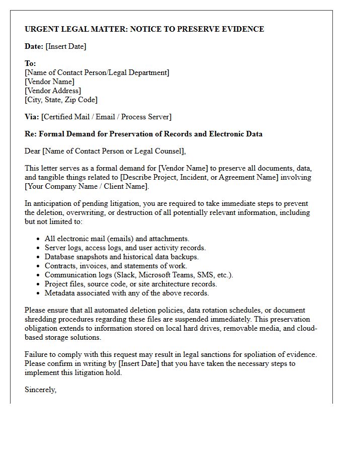Third-Party Vendor Site Preservation Letter