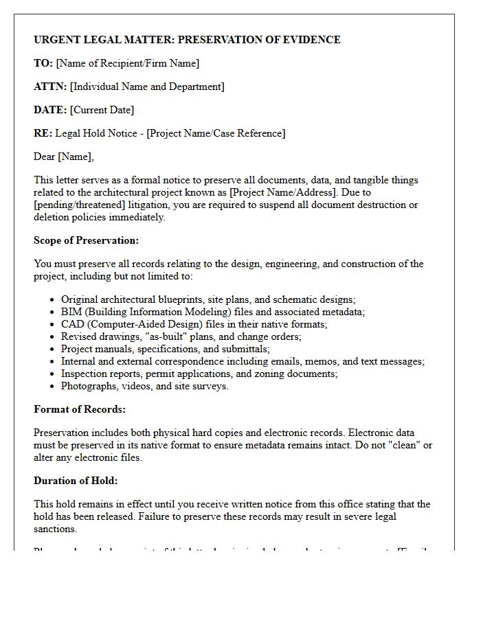 Architectural Blueprint Litigation Hold Preservation Letter