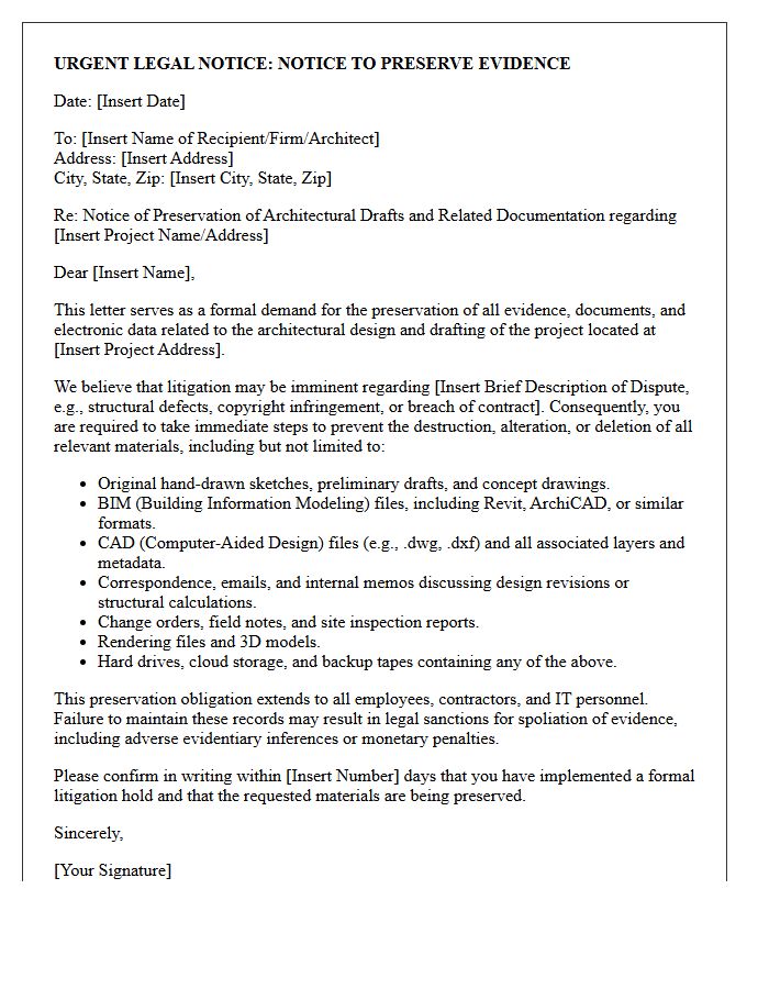 Notice of Architectural Draft Spoliation Preservation Letter