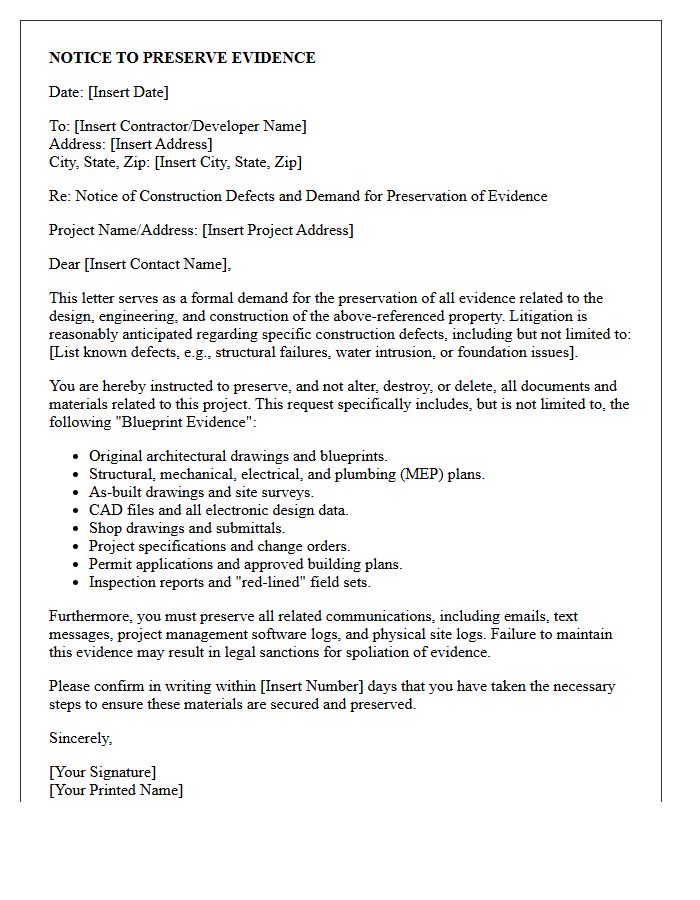 Construction Defect Blueprint Evidence Preservation Letter