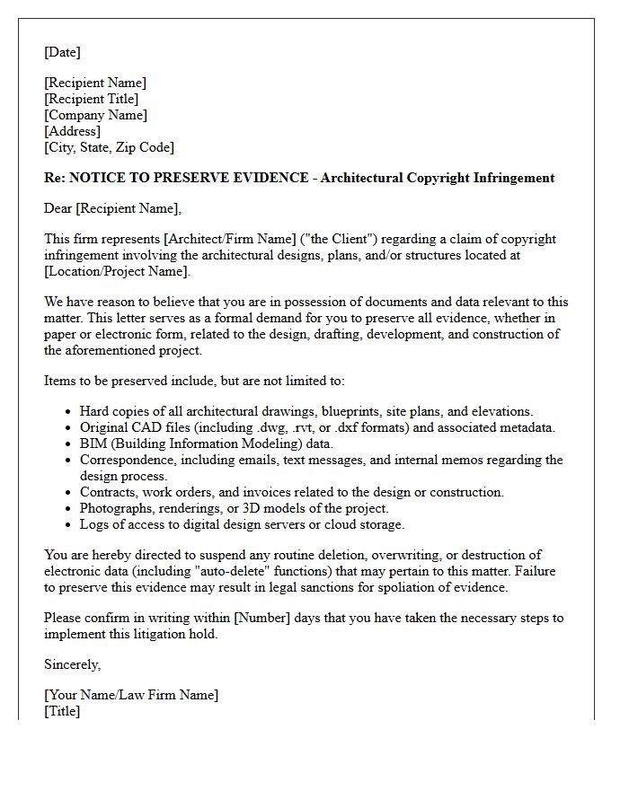Architectural Copyright Infringement Draft Preservation Letter