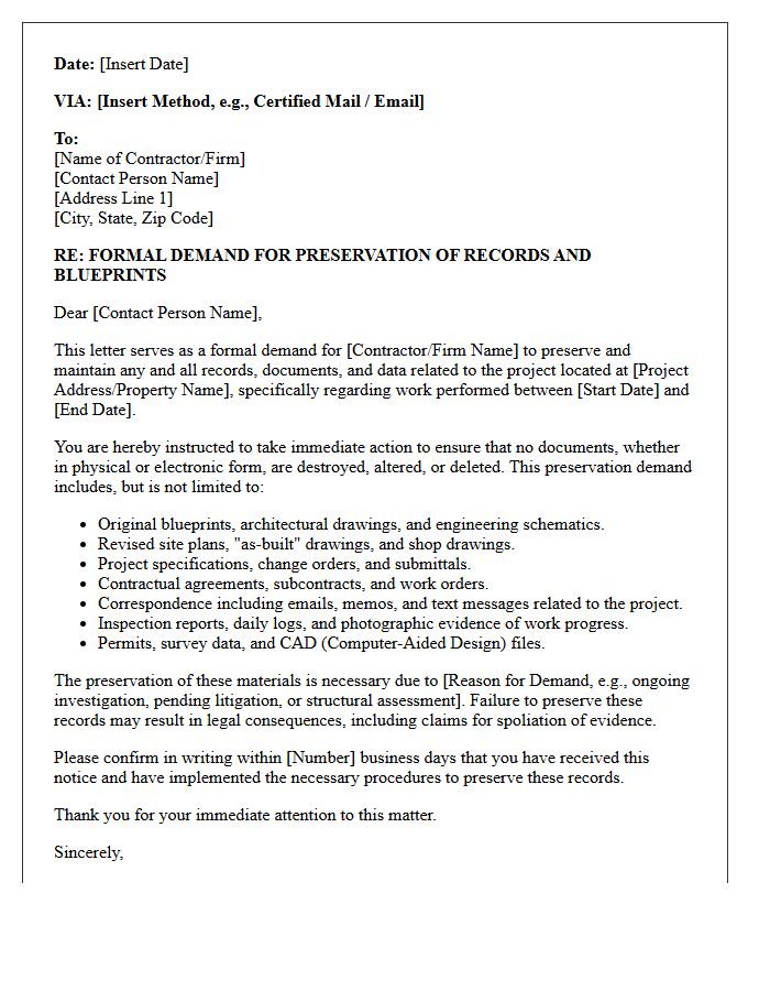 Third-Party Contractor Blueprint Preservation Demand Letter