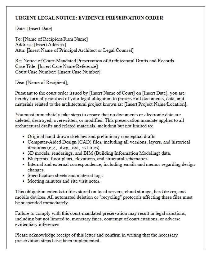 Court-Mandated Architectural Draft Preservation Letter