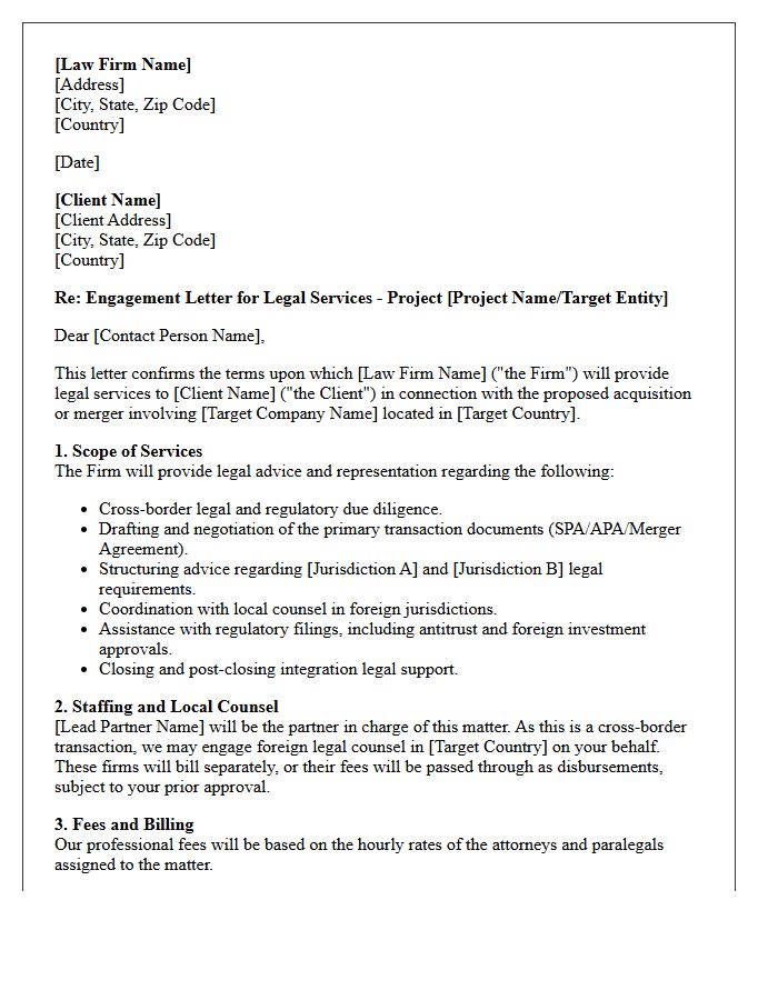Cross-Border Mergers and Acquisitions Legal Engagement Letter