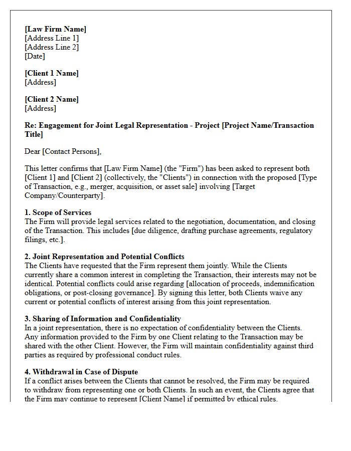 Joint Legal Representation Mergers and Acquisitions Engagement Letter