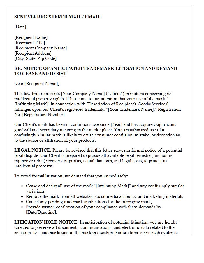 Notice of Anticipated Trademark Litigation