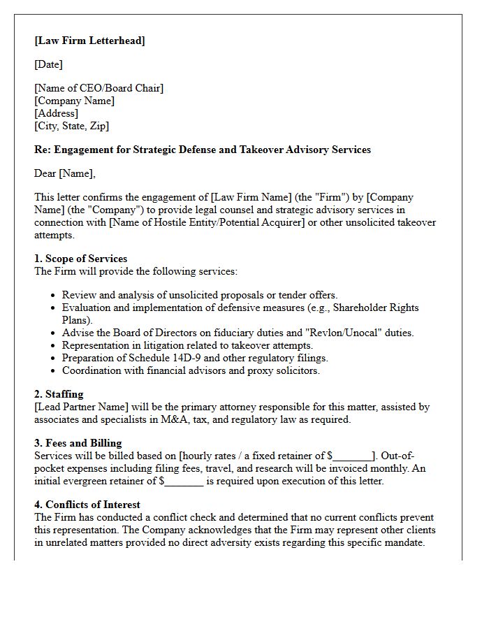 Hostile Takeover Defense Legal Advisory Engagement Letter
