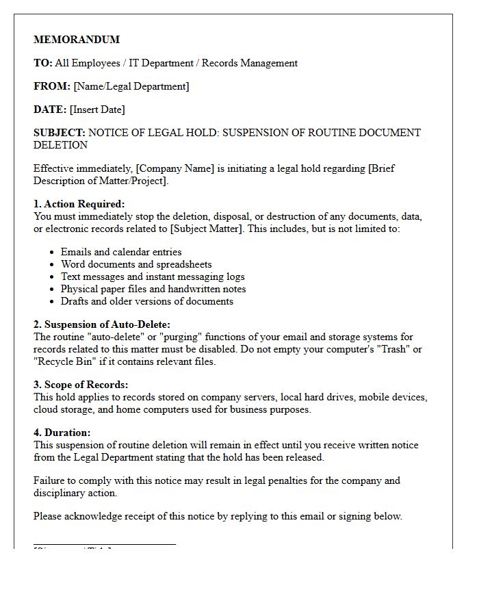 Suspension of Routine Document Deletion