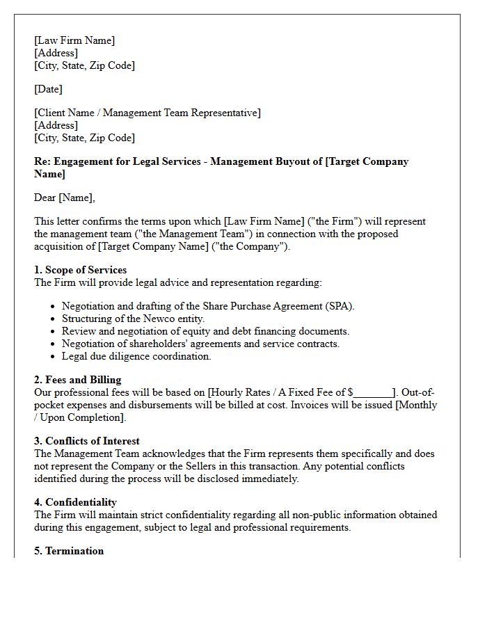 Management Buyout Legal Counsel Engagement Letter