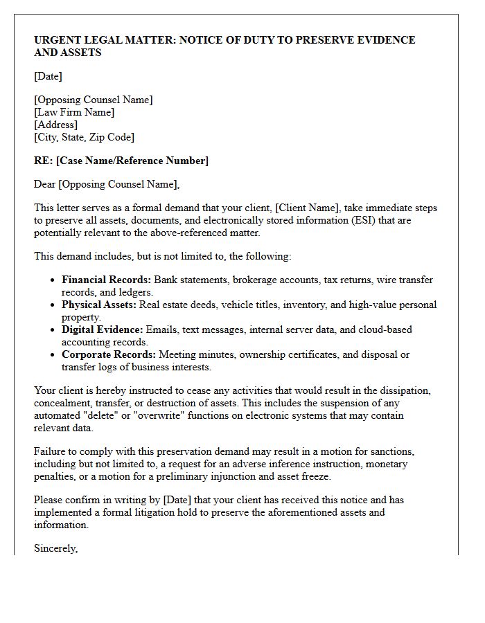 Opposing Counsel Asset Preservation Demand Letter