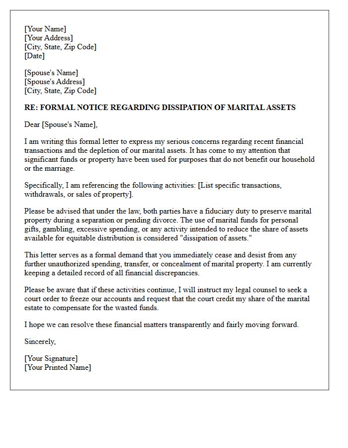 Spousal Marital Asset Dissipation Warning Letter