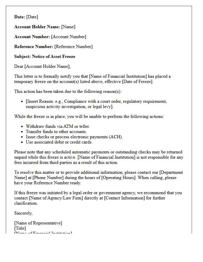 Financial Institution Asset Freeze Notification Letter