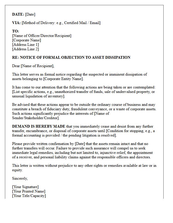Corporate Entity Asset Dissipation Notice Letter