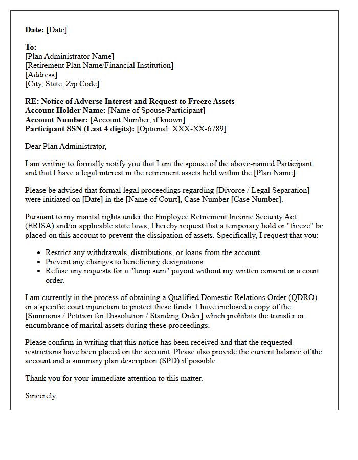 Retirement Plan Asset Dissipation Prevention Letter
