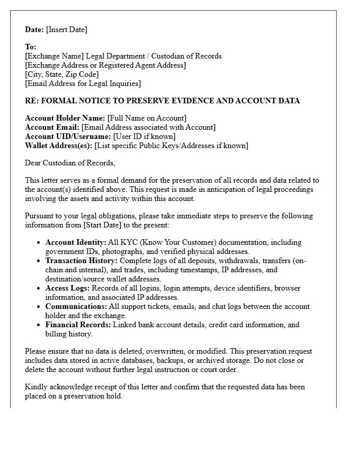 Cryptocurrency Exchange Account Preservation Letter