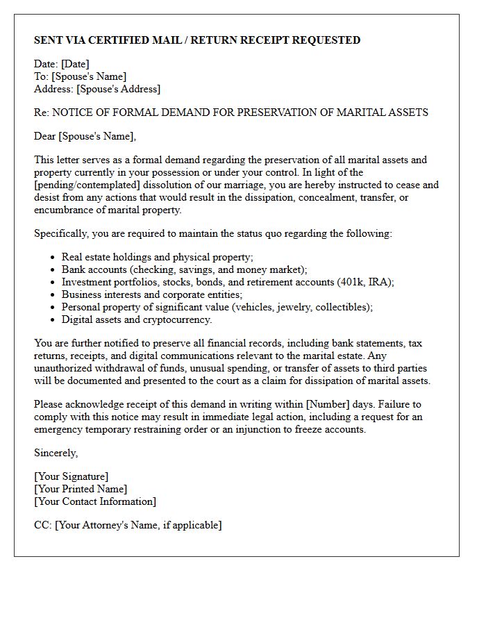 Formal Marital Estate Preservation Demand Letter