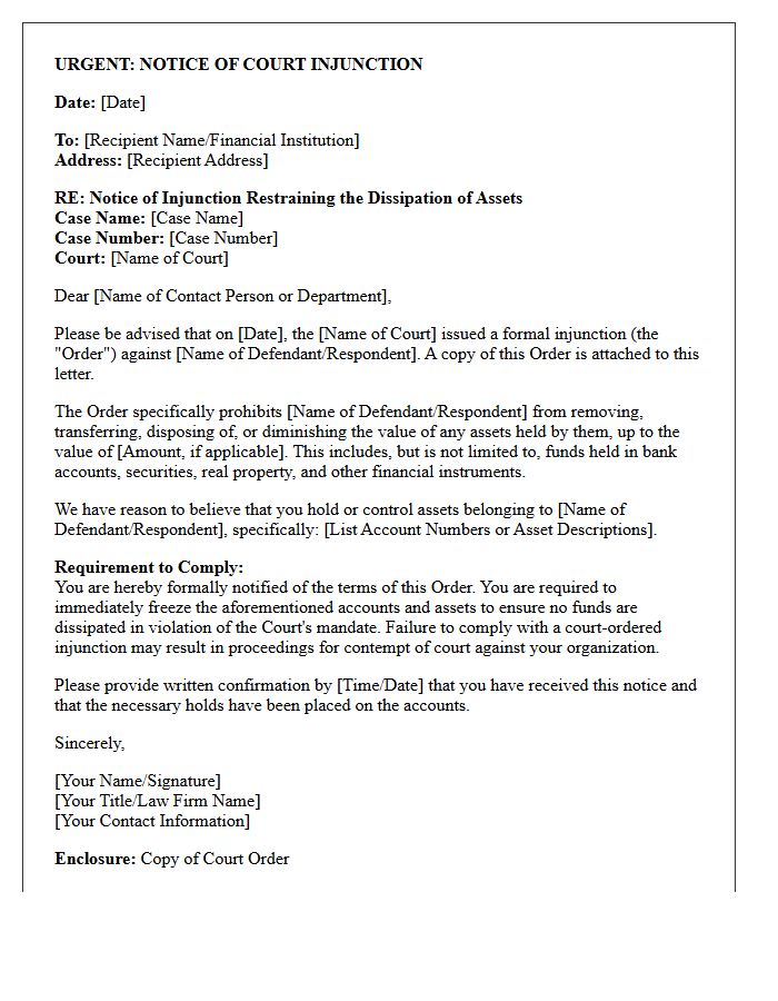 Court Injunction Asset Dissipation Notice Letter