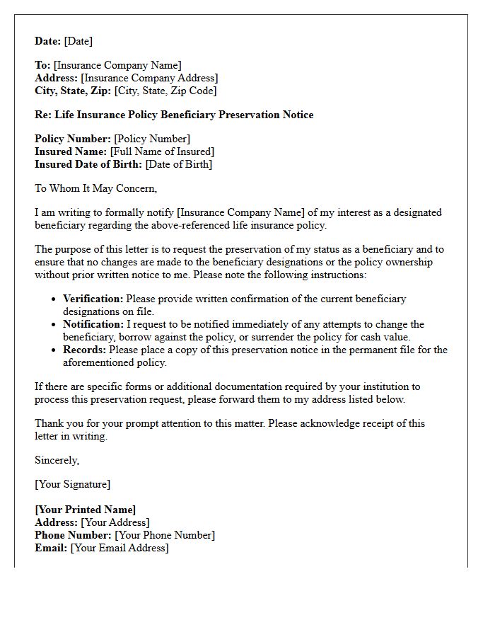 Life Insurance Policy Beneficiary Preservation Letter
