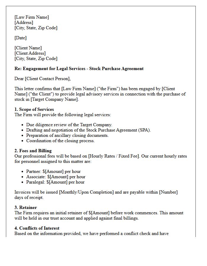 Stock Purchase Legal Advisory Engagement Letter