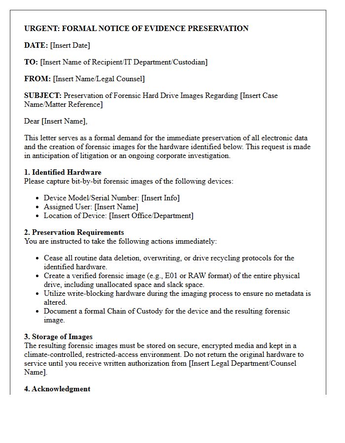 Corporate Client Forensic Hard Drive Image Preservation Letter