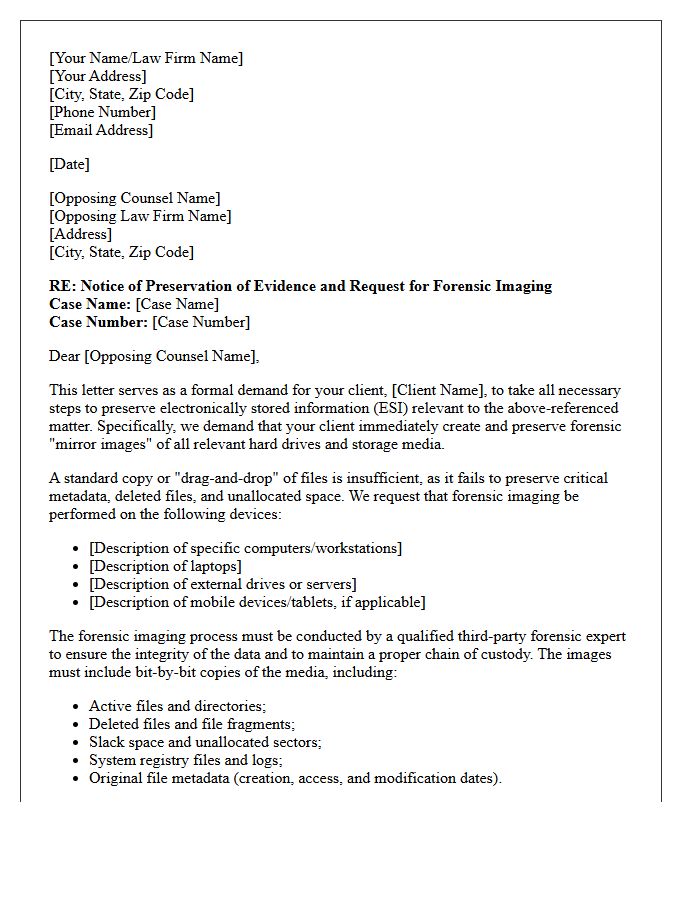 Opposing Counsel Forensic Hard Drive Image Preservation Letter