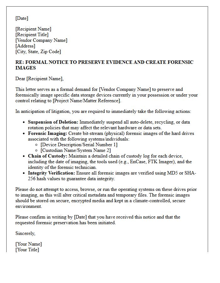 Third-Party Vendor Forensic Hard Drive Image Preservation Letter