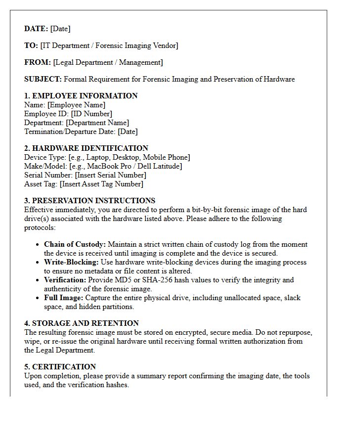 Departing Employee Forensic Hard Drive Image Preservation Letter