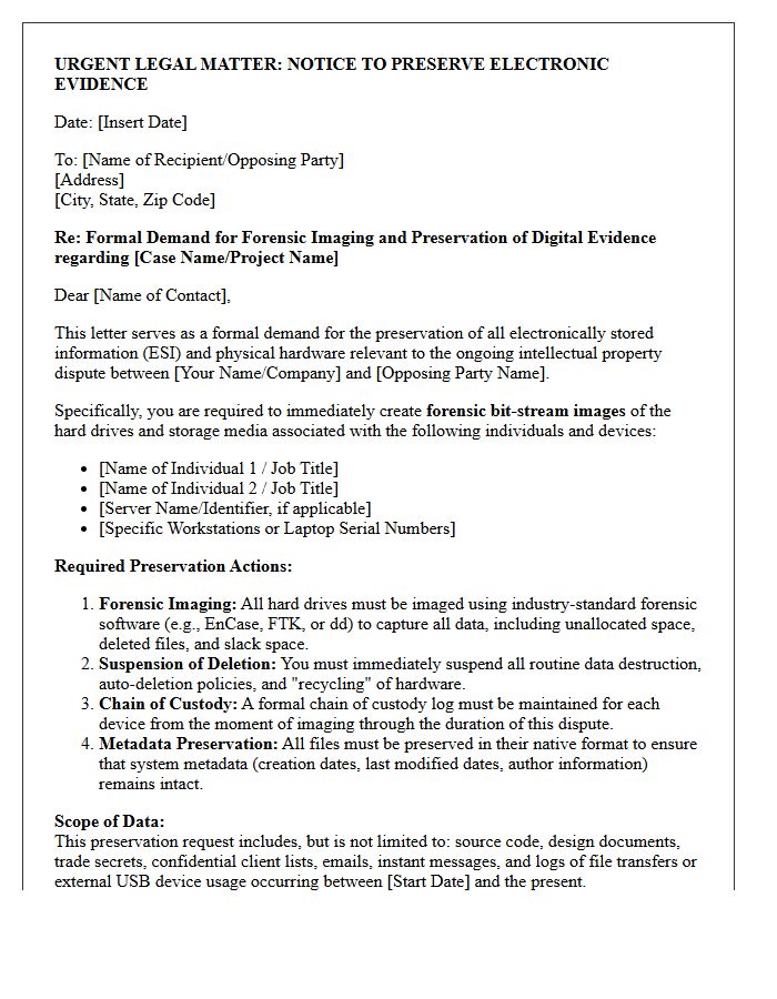 Intellectual Property Dispute Forensic Hard Drive Image Preservation Letter