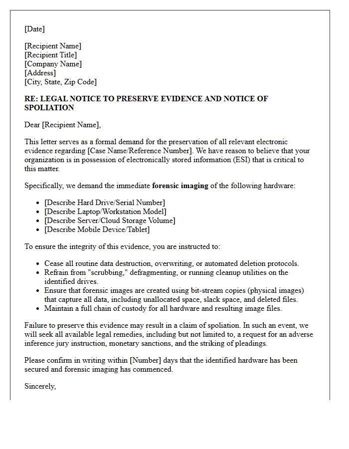 Spoliation Warning Forensic Hard Drive Image Preservation Letter