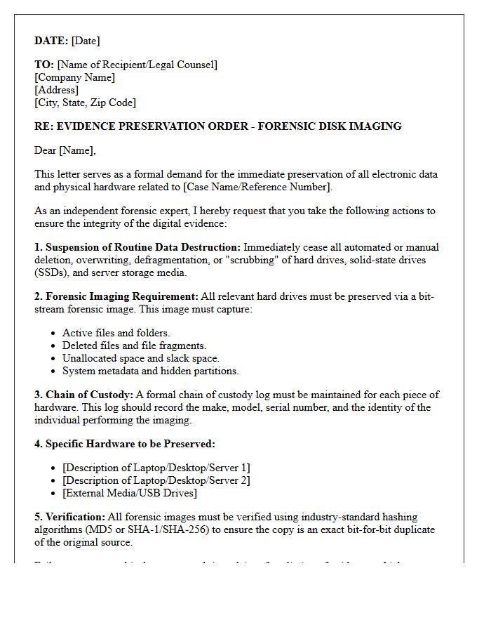 Independent Expert Forensic Hard Drive Image Preservation Letter