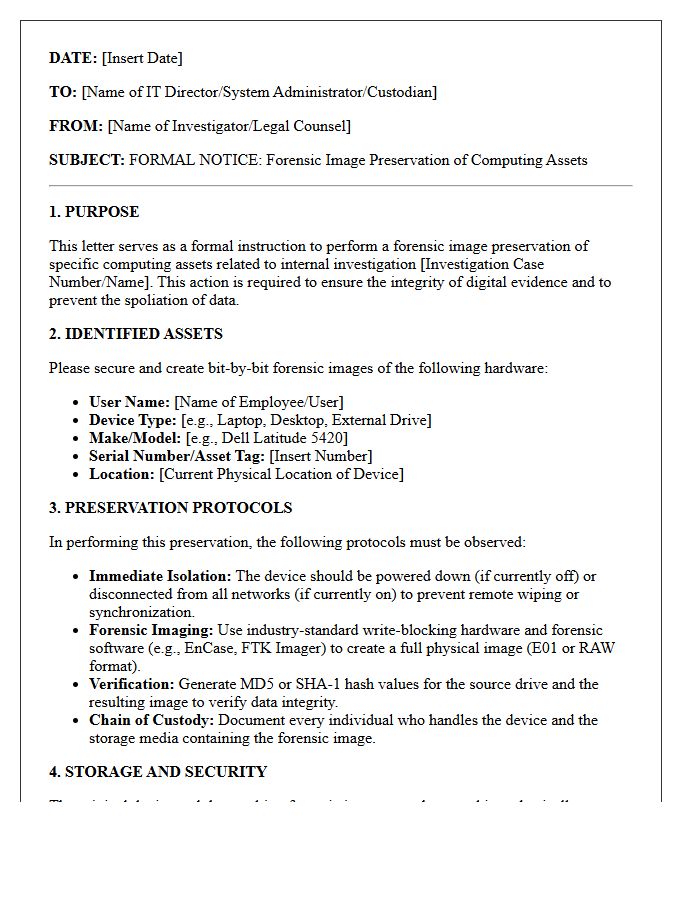 Internal Investigation Forensic Hard Drive Image Preservation Letter