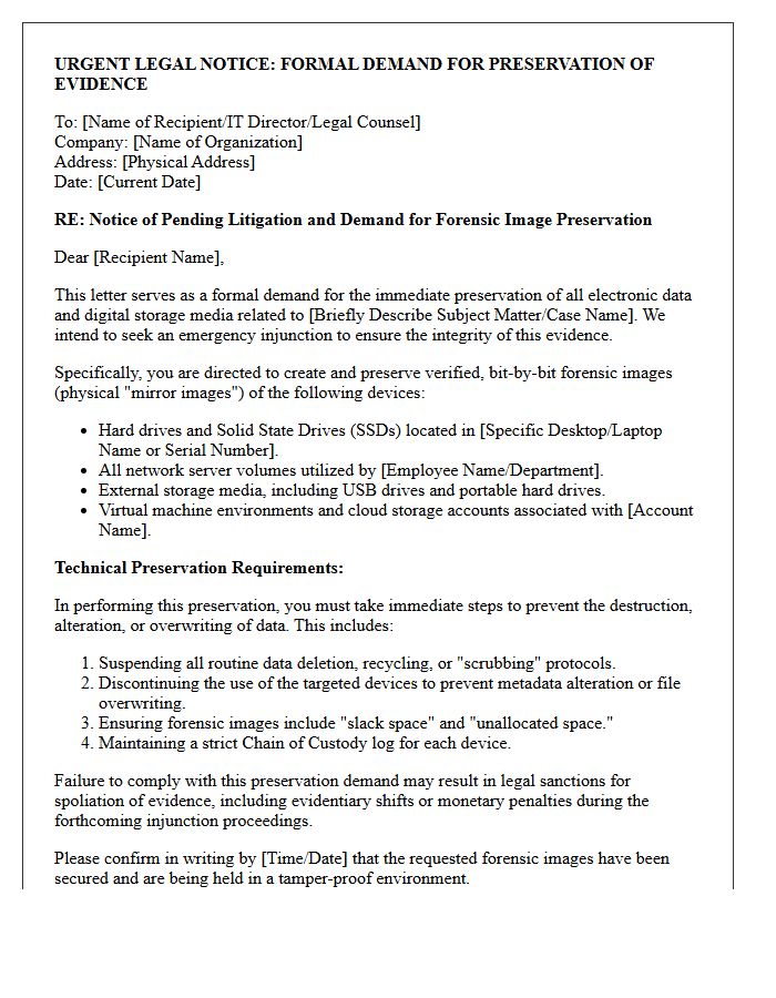 Emergency Injunction Forensic Hard Drive Image Preservation Letter