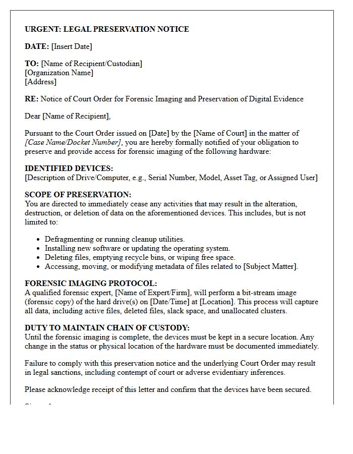 Court-Ordered Forensic Hard Drive Image Preservation Letter