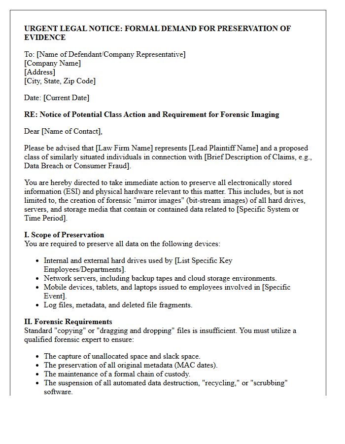 Class Action Forensic Hard Drive Image Preservation Letter