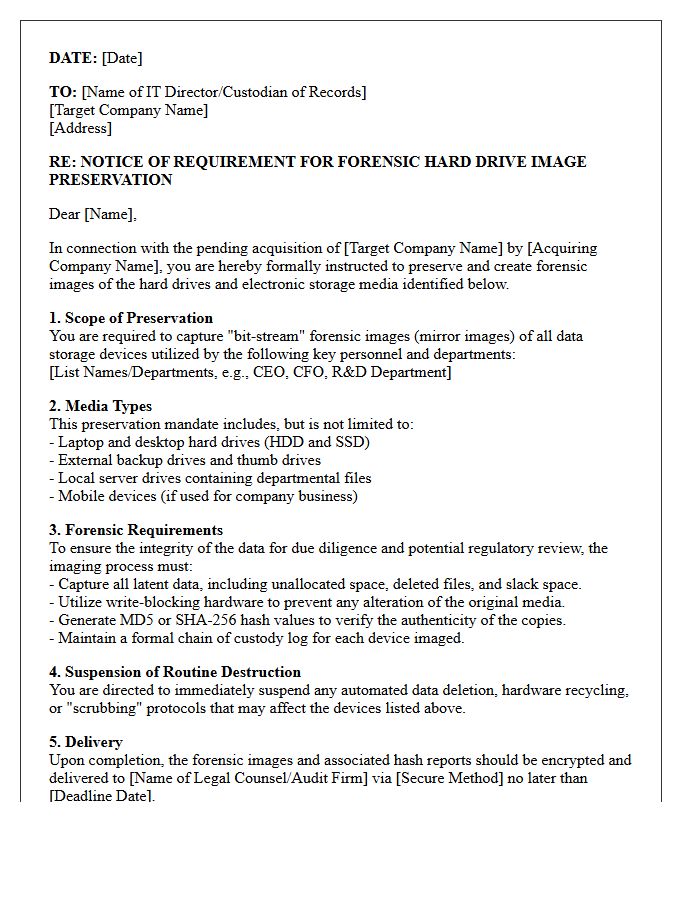 Merger And Acquisition Forensic Hard Drive Image Preservation Letter